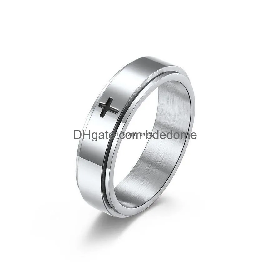 Band Rings Anti Anxiety Rotatable Jesus Cross Ring Finger Stainless Steel Decompression For Women Men Hiphop Fashion Jewelry Will And Dhplx