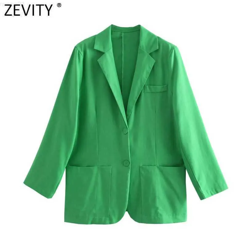 Costumes pour femmes Blazers Zevity Femmes Mode Couleur Vert Col Entaillé Lin Blazer Manteau Femme Chic Poches Affaires Décontracté Cardigan Costumes Tops CT736 L230724