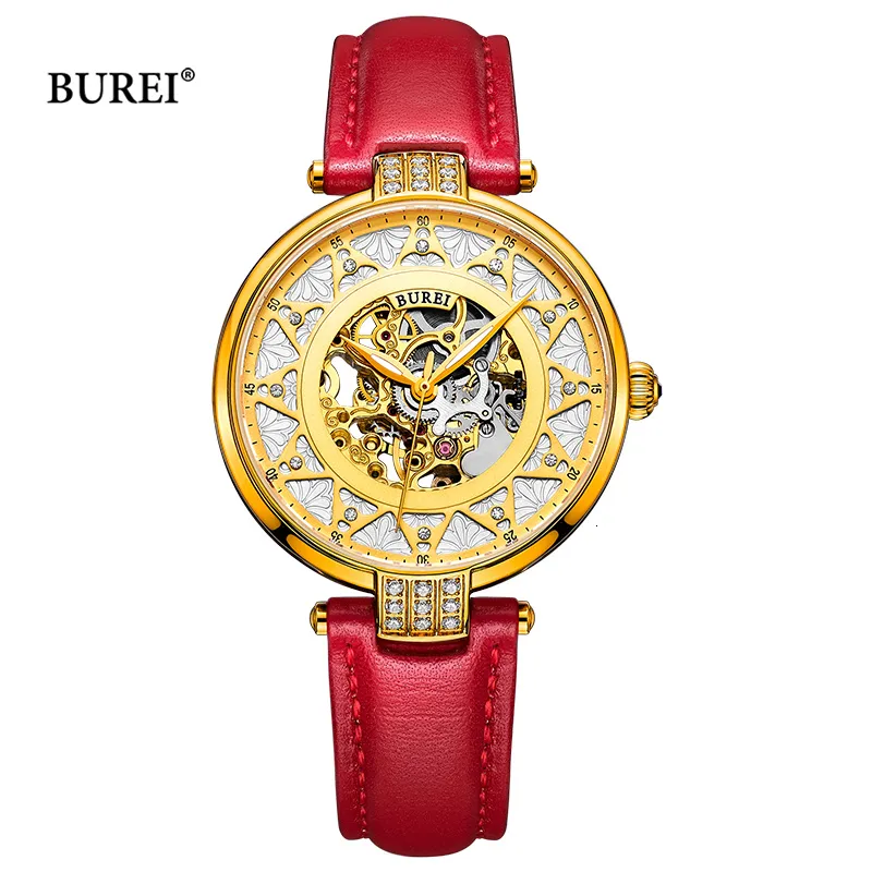 Relógios femininos BUREI marca moda feminina ouro relógio automático luxo feminino à prova d'água safira oco relógio de pulso mecânico Reno Femino 230724