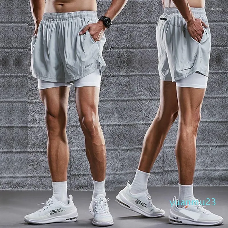 Kör shorts 2023 män dubbeldäck snabb torr sport tre poäng byxor 2 lager i 1 fitness jogging träning nät
