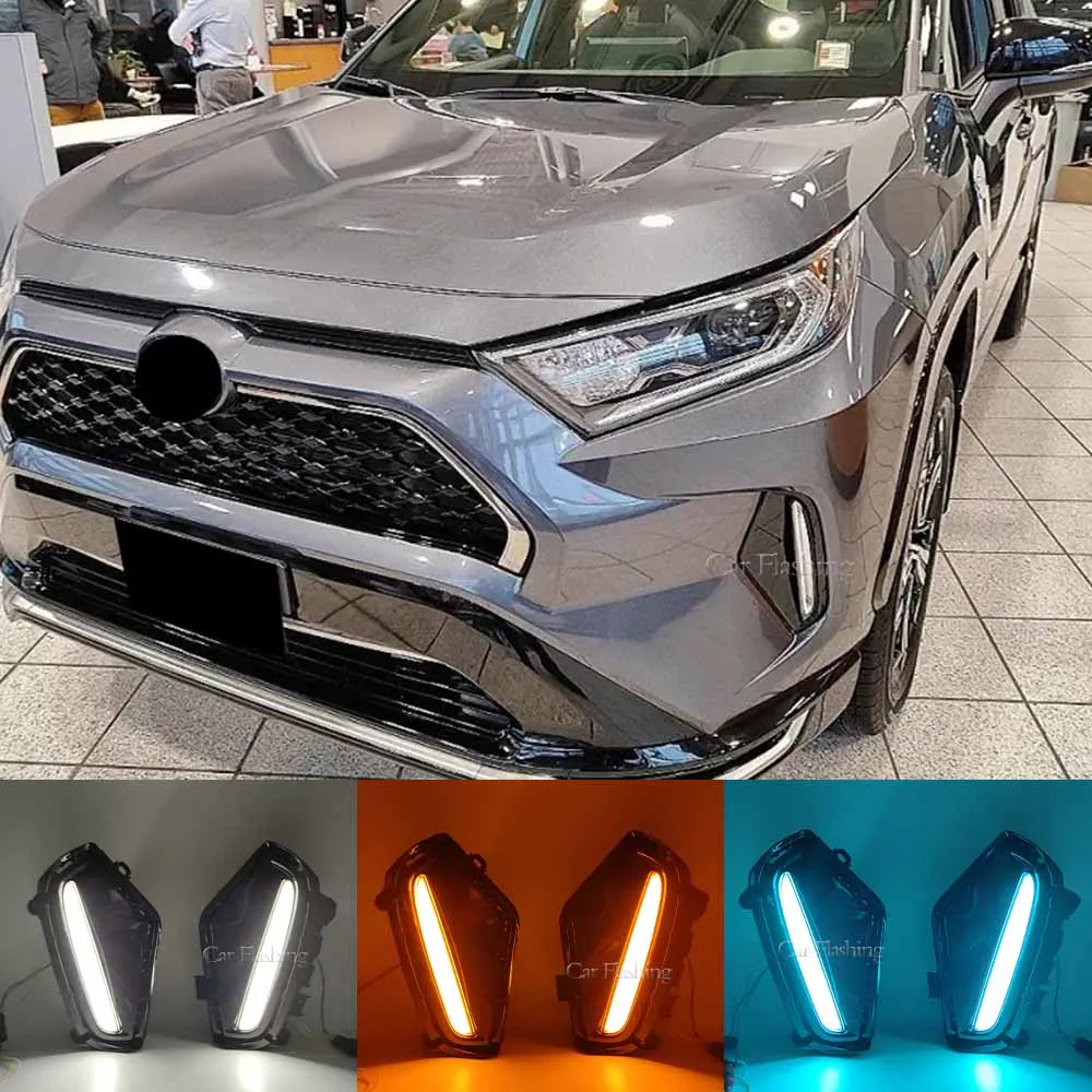 سيارة DRL لـ Toyota RAV 4 RAV4 2019 2020 2021 2022 مصباح الضباب الأزرق LED مع مصابيح الإشارة الصفراء على نمط الإشارة.