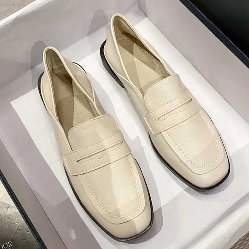 Dress Shoes White Small Leather shoes woman square toe casual loafers thick heel British oxford shoes woman soft leather flats work shoes L230724