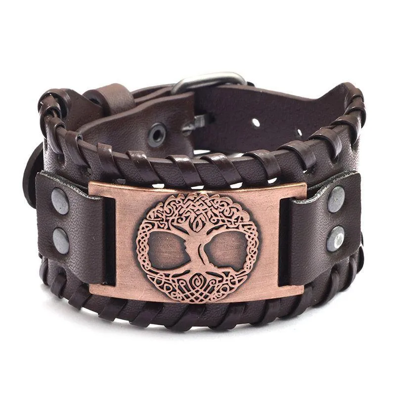 Identificazione Design Fashion Id Bracciale Uomo Tree Of Life Lega Tessuto fatto a mano Ampio cinturino in pelle PU Braccialetto regolabile Gioielli punk Dro