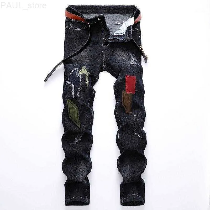 Männer Jeans 2021 Männer Biker Hosen Marke Ripped Loch Männlich Slim Fit Gerade Denim Mann Designer Patchwork L230724