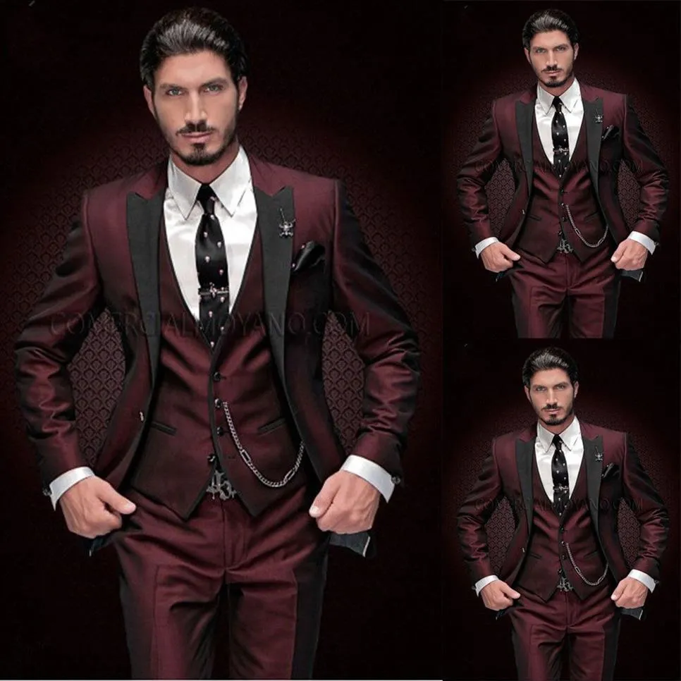 Wine Red Men's 3 -delad kostym med Black Peak Lapel Slim Fit Tuxedos Groomsman Wedding Tuxedos Formal Prom Suit Jacket Pants V263L