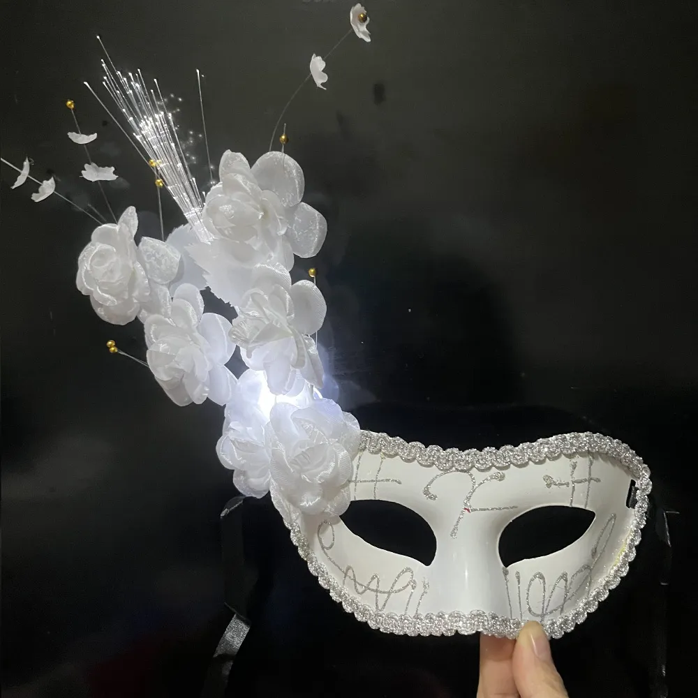 LED Glowing Girl Women White Bloom Flower Light Up Eye Mask Masquerade Ball Venice Party Sexy Dress Birthday Wedding Gift