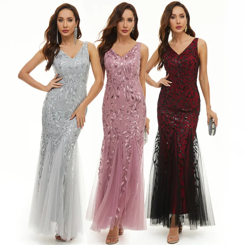 Luxury Vintage Sequins Trumpet Formal Gowns for Women Elegant High Waist Slim Fit Mermaid Evening Dresses V-Neck Sleeveless Backless Sexy Cocktail Party Dresse