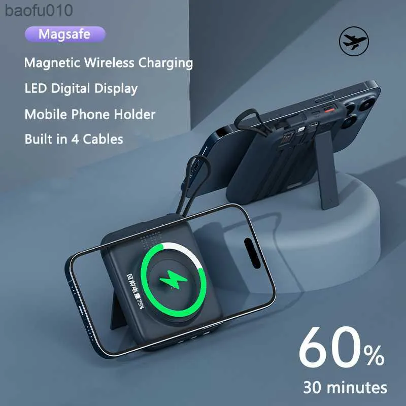 Magsafe Wireless Charger Power Bank 10000mah حلقة مغناطيسية لـ iPhone 14 13 12 X Huawei Xiaomi Samsung Mini Powerbank مع كابل L230619