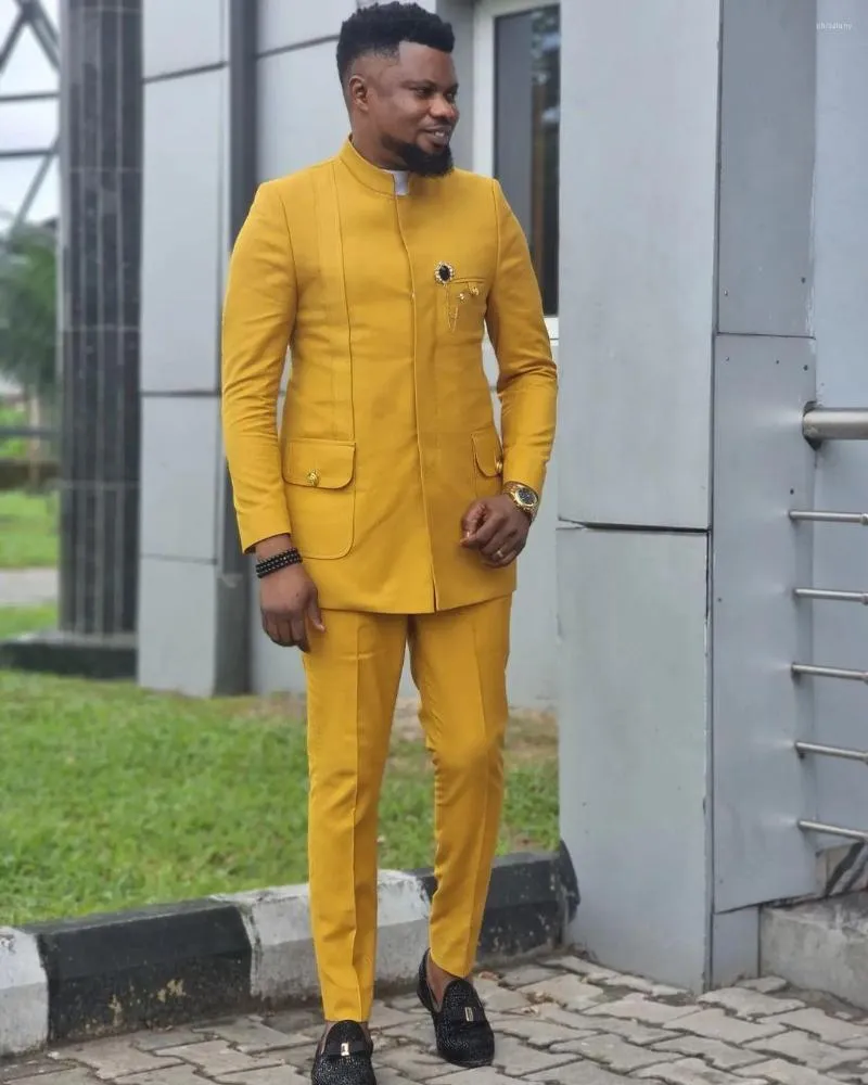 Modern Italian Formal Wedding Suit For Men Slim Fit Yellow Groom