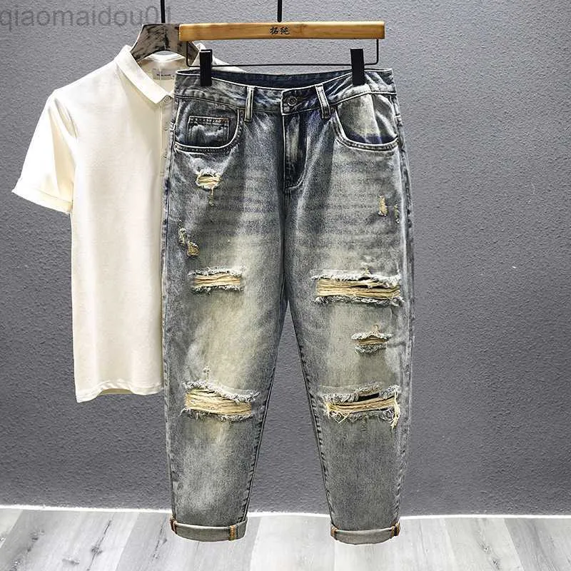 Jeans Masculino Vintage Amarelo Mud Jeans Masculino Novo Solto Casual Moda Calças Rasgadas Masculino Dilapidado Hip-hop Streetwear Calças Denim L230724