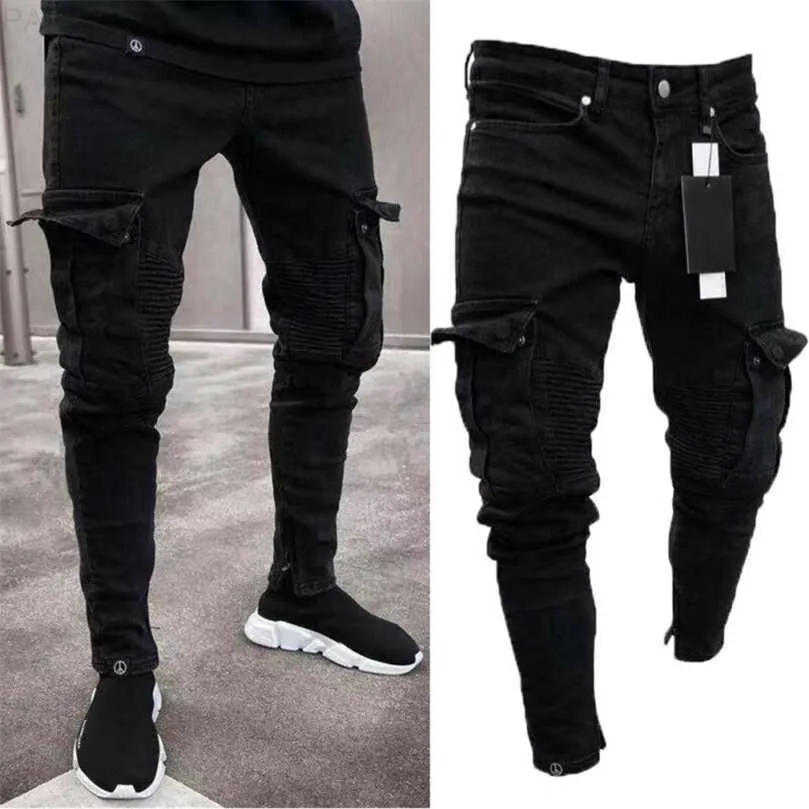 Hommes Biker Ripped Long Denim Pantalon Skinny Jeans Détruit StretchyBlack Pantalon 220813 L230724