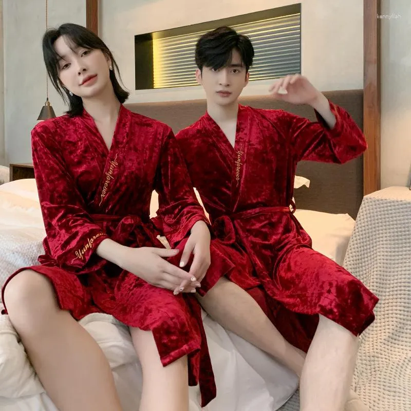 Women's Sleepwear Golden Velvet Couple Nightgown Men's And Ice Flower Plush Autumn Winter Bathrobe Red Morning Robe