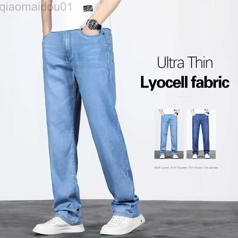 Jeans pour hommes grande taille 42 44 46 Jeans pour hommes minces bleu clair droits doux tissu Lyocell Business Stretch Denim pantalons décontractés marque pantalon L230724