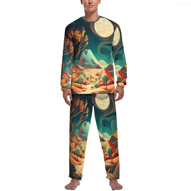 Men's Sleepwear Desert Print Pajamas Spring 2 Piece Abstract Nature Cute Pajama Sets Men Long Sleeve Bedroom Graphic Nightwear