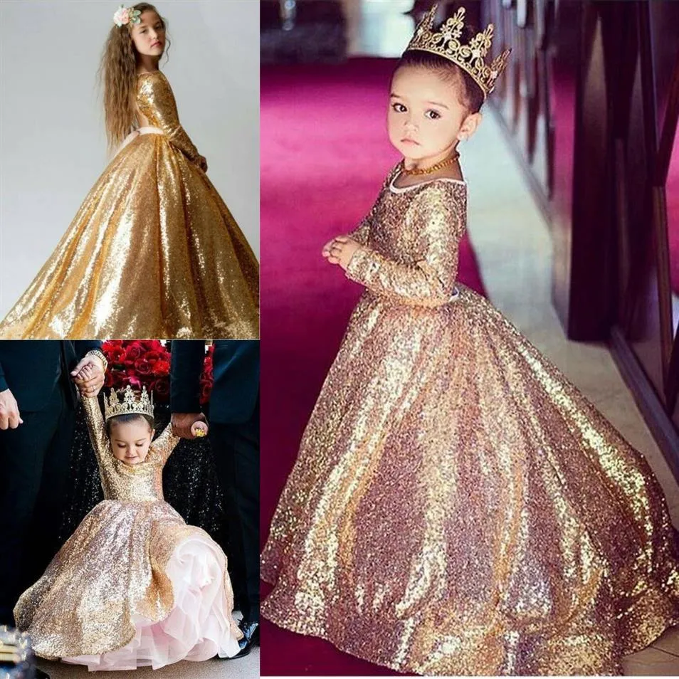 Gold Pulin Toddler Ball Repss Girls Pageant Elbiseler Mücevher Uzun Kollu Resmi Çocuk Partisi Elbise Çiçek Kız Elbiseleri Düğünler için 230U