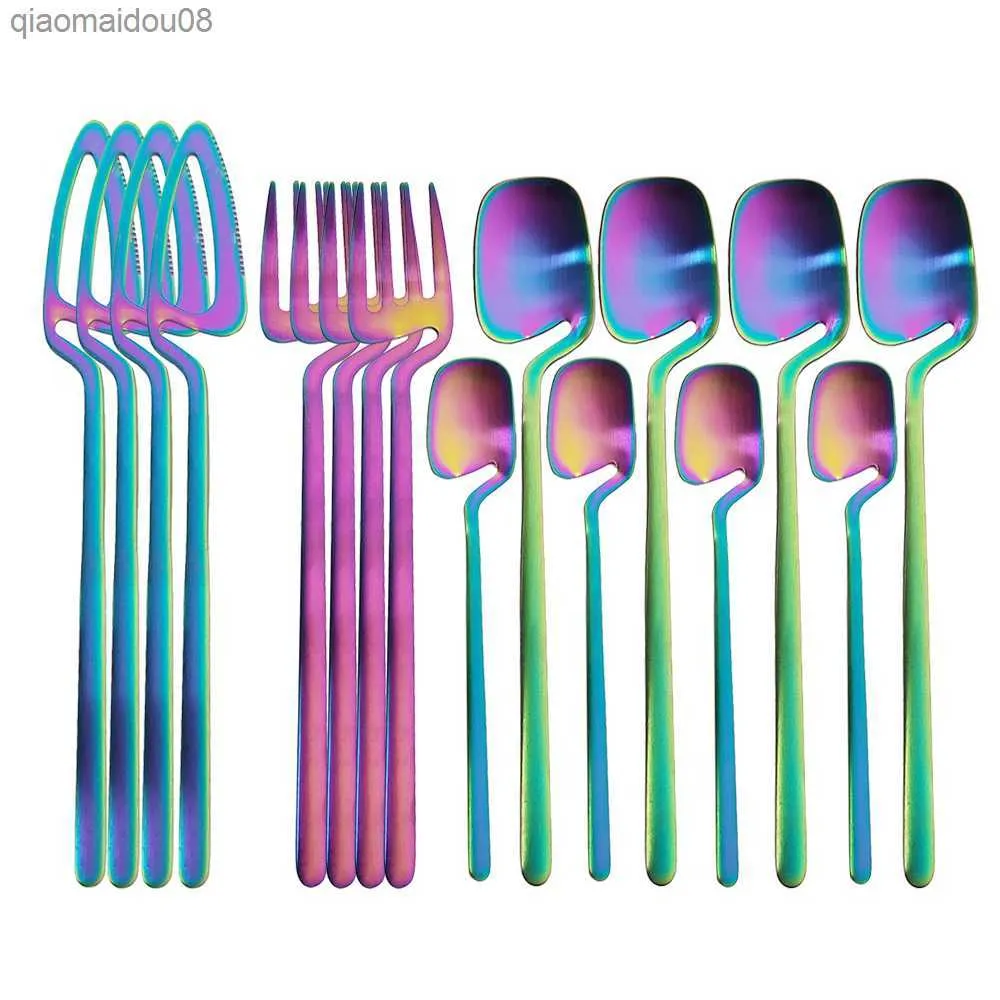 16pcs arc-en-ciel ensemble de vaisselle cuillère fourchette couteau décor de table ensembles de couverts cuisine or mat vaisselle ensemble desserts soupe café utilisation L230704