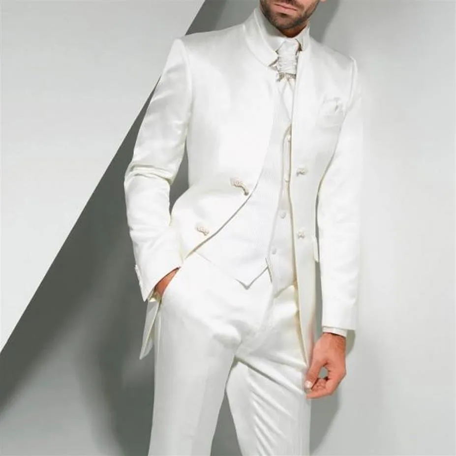 White Tunic Wedding Tuxedos for Groom Wear Chinese Style Two Button Custom Made Men Suits Three Piece Groomsmen Suit Jacket Pan224d