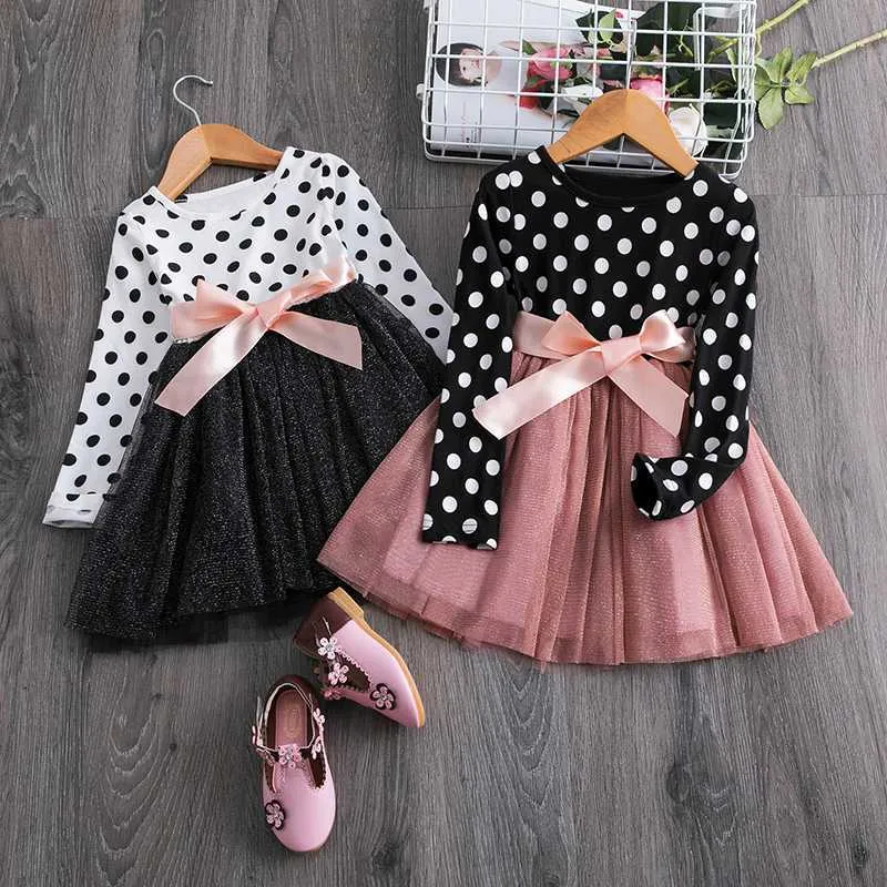 Pullover 3-8 year old girls' long sleeved dress for children's birthday party Polka dot girls' casual clothing 2023 autumn and winter baby clothing Z230724