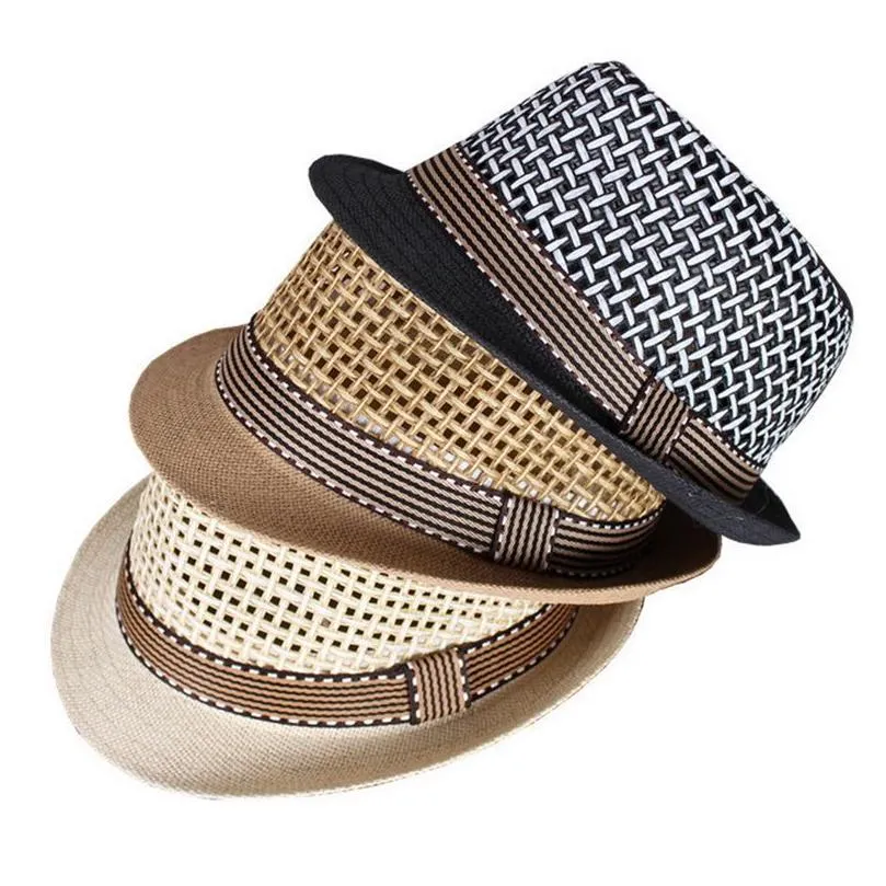 Cappelli a tesa avara Plaid Kids Summer Beach St Hat Jazz Panama Baby Boy Mesh Sun Fedora Ribbon Bambini casual Cappello da cowboy Drop Delivery Fashio