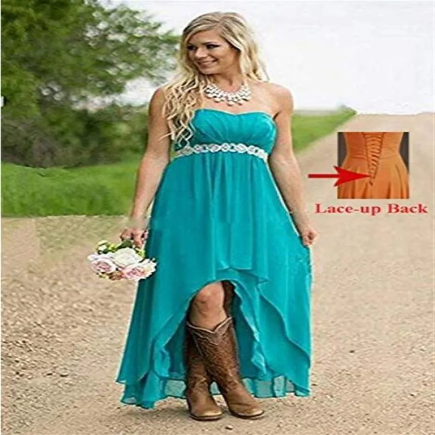 Fanciest Sweetheart Women' Strapless High Low Country Style Bridesmaid Dresses Wedding Party Gowns Turquoise With Crystal Bea221I