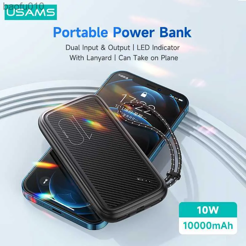 USAMS 10W Mini Power Bank 10000MAH Двойной USB PowerBank с портативной внешней батареей Lanyard для iPhone Xiaomi Huawei Phone L230619