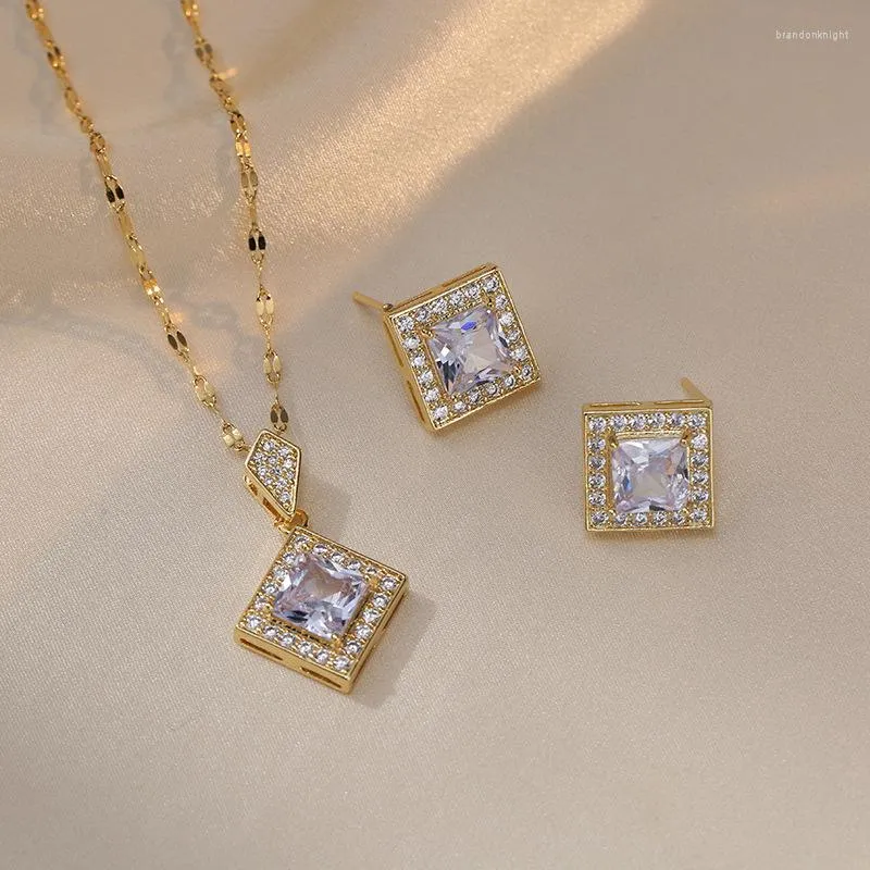 Necklace Earrings Set Bridal Square Stud And Pendant Stainless Steel Chains Necklaces For Women White Zircon Choker Lovers Gifts