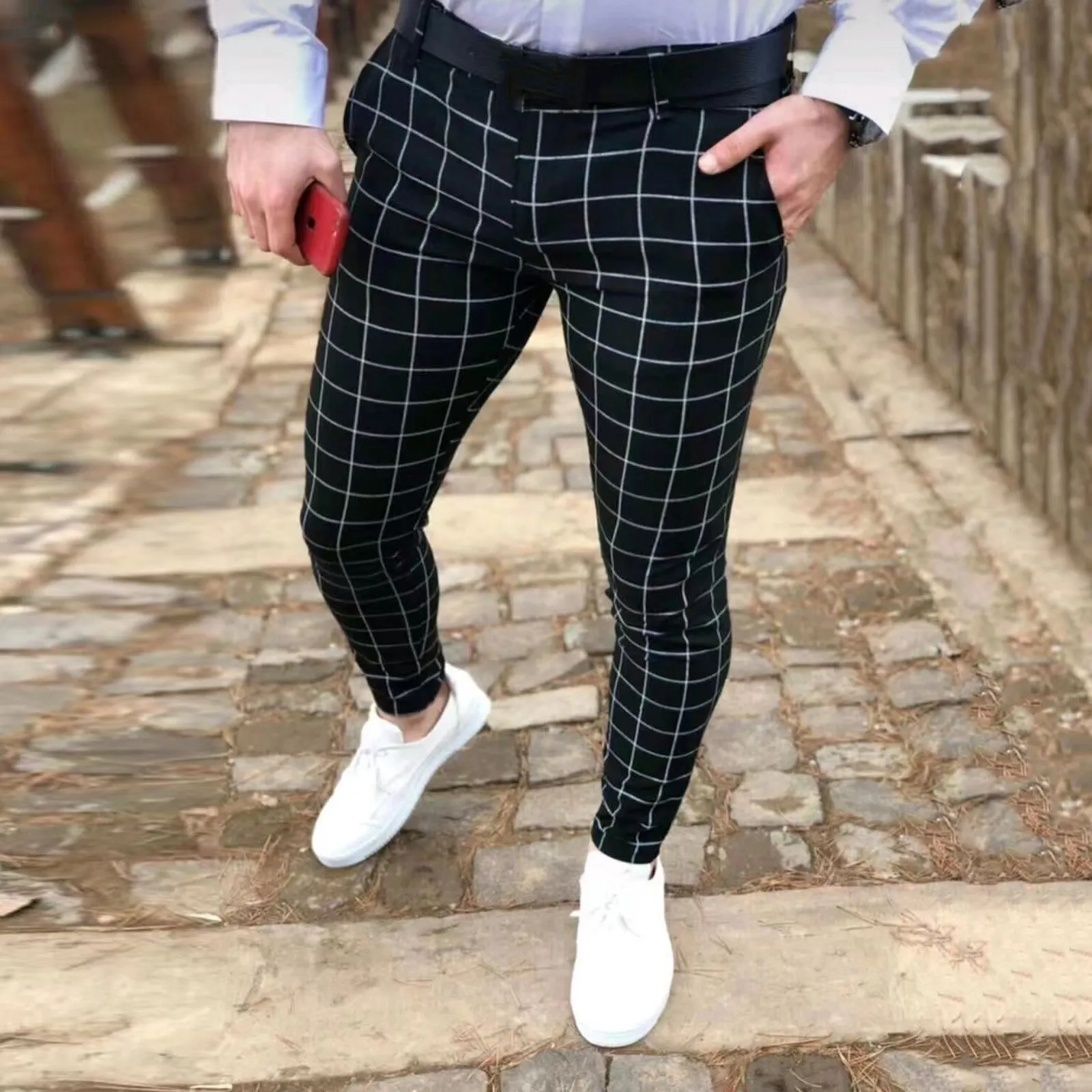 Mens plaid pants slim outlet