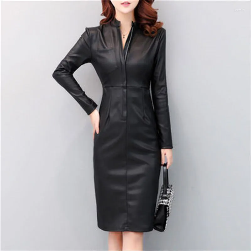 chinese dress ladies Cordelia Black Vegan Leather Dress, Black / XSmall main image 1