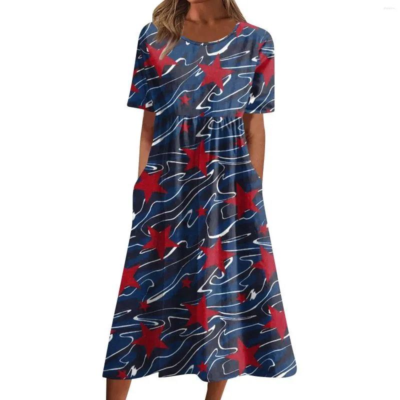 Casual Dresses Women Independence Day Tryckt sommar veckad rund hals midi grundläggande kort ärm