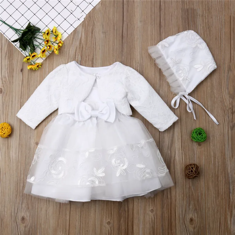 Bebê Meninas Vestido Princesa Lvory Renda Festa Baptizado Vestido Tule Boné Jaqueta Casaco Conjunto Chapéu Laço Roupas 0-18 Meses