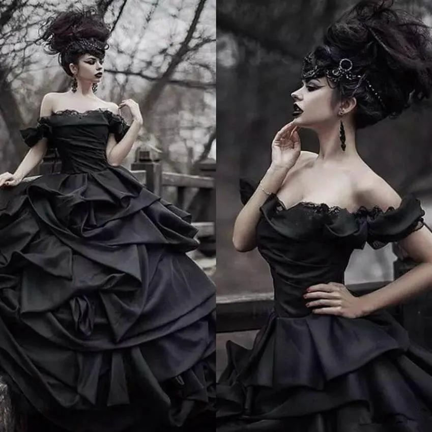 Gothic Style Black Wedding Dress Ball Gown Off Shoulder Draped Ruffles Satin Vintage 2019 Bridal Gowns Custom Size264i