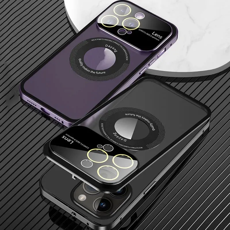 Lente de vidro metal borda caso telefone para iphone 15 12 13 14 pro max carregamento sem fio ímã grande lente fosco capa telefone