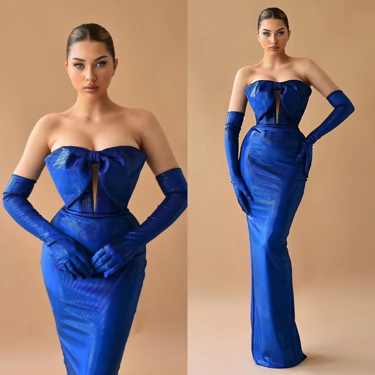 Elegant Royal Blue Prom Dresses Bow Knot Mante aftonklänning veckor Backless Formal Long Special Occasion Party Dress