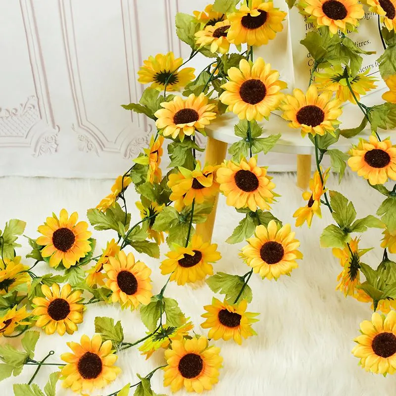 Fleurs décoratives tournesols guirlande artificielle soie vigne fausse plante feuille décoration suspendue pour la maison mariage arc décor fête guirlande cadeau