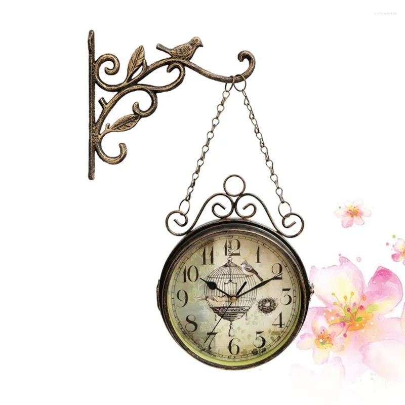 Wall Clocks Double Sided Clock With Scroll Mount Wrought Bird Ornament Railway Train Station Style Vintage Metal Hanging