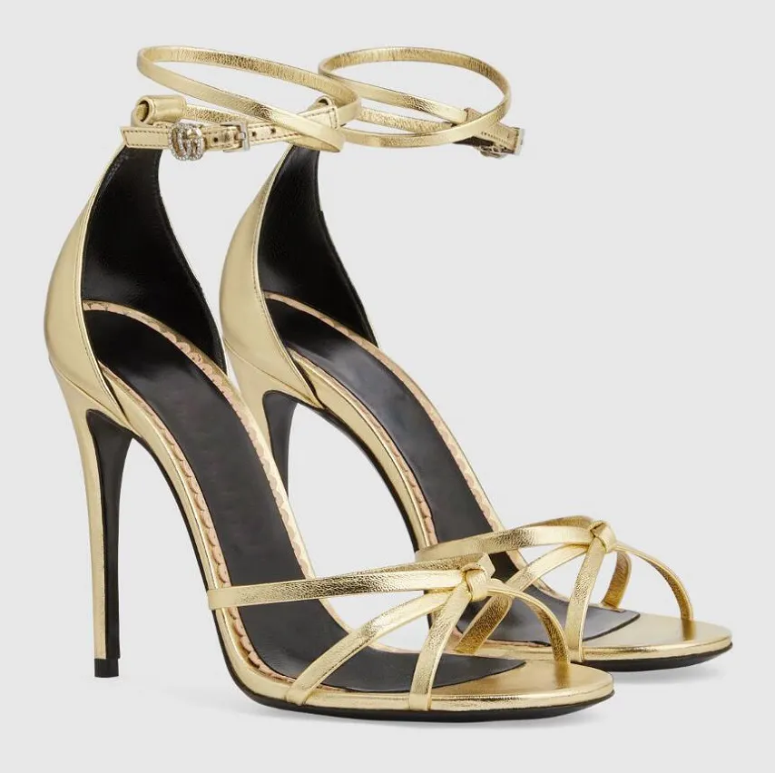 Italy Design Women Strappy Sandals Shoes Patent Leather High Heel Gold Black Red Pumps Party Wedding Gladiator Sandalias With Box.EU35-43