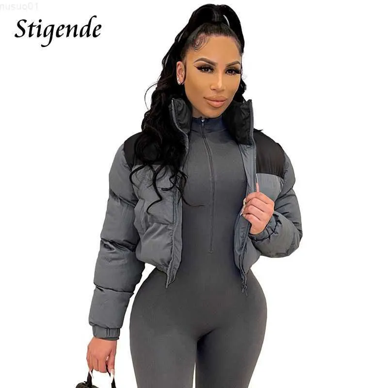 Women's Down Parkas Stigende Patchwork Puffer Parka Coat Women Stand Collar Cotton Padded Coat Winter Warm Loose Zipper Crop Top Jacket Outwear L231024