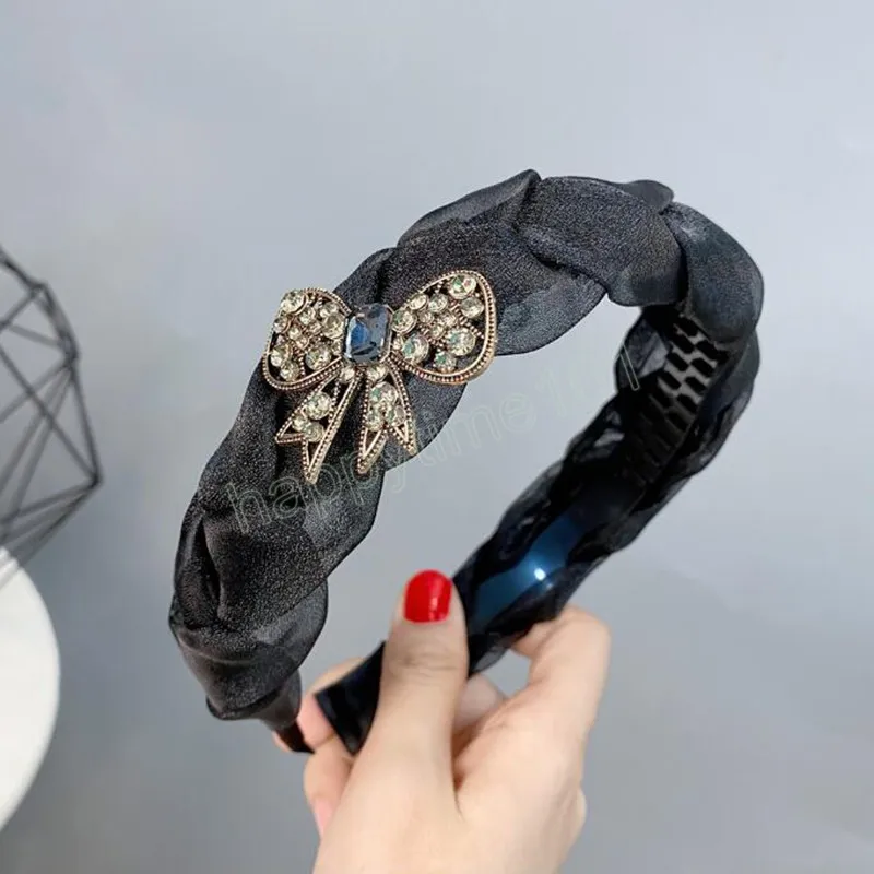 New Fashion Women Headband Wide Side Braided Rhinestone Bowknot Hairband Non-slip Teeth Hair Accessories Wholesale
