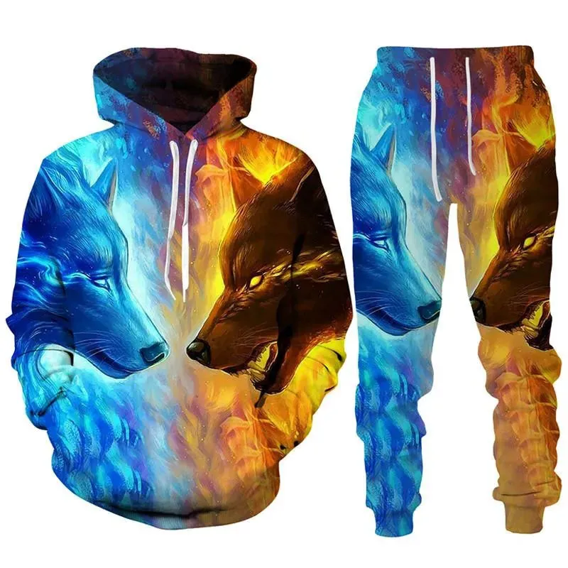 Tute da uomo 2023 Classic Wolf Stampa 3D Felpa con cappuccio/pantaloni Fashion Couple Wear Jogging Sportswear Suit Pullover di personalità