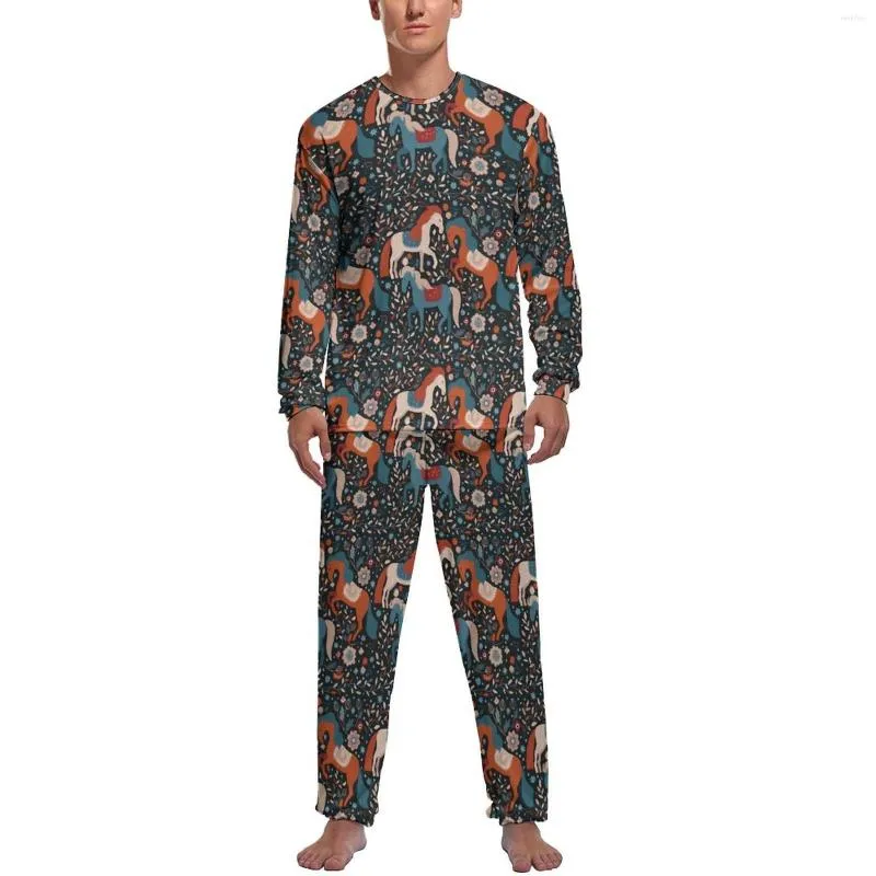 Roupa de dormir masculina nórdica cavalo pijama manga longa vintage animal 2 peças conjunto casual primavera design masculino roupa de dormir kawaii