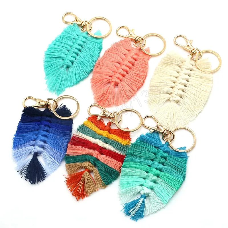 Hand-Woven Keychain Macrame Feather Leaf Shaped Tassel Bag Pendant Accessories Bohemian Keyring Car Key Holder Summer Trinket