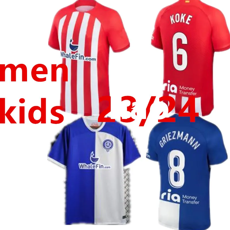 23/24 Atletico Madrid Camisas de futebol SUAREZ GRIEZMANN JOAO FELIX 2022 2023 23/24 M. Llorente CORREA KOKE LEMAR CARRASCO kit infantil masculino Camisa de futebol 666