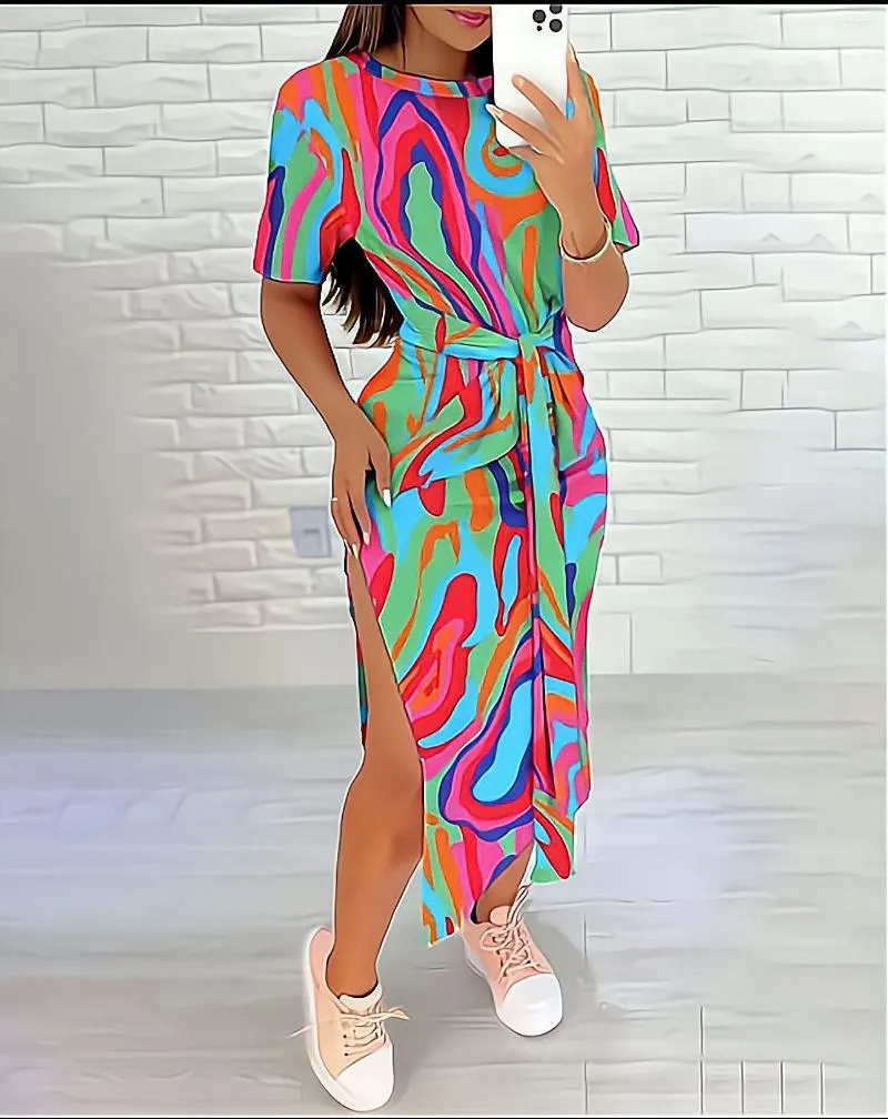 Casual Dresses Fashion Women Round Neck Geometric Print Wrapped Hip Summer Side Split Slim Fit Lace Up Ladies Midi