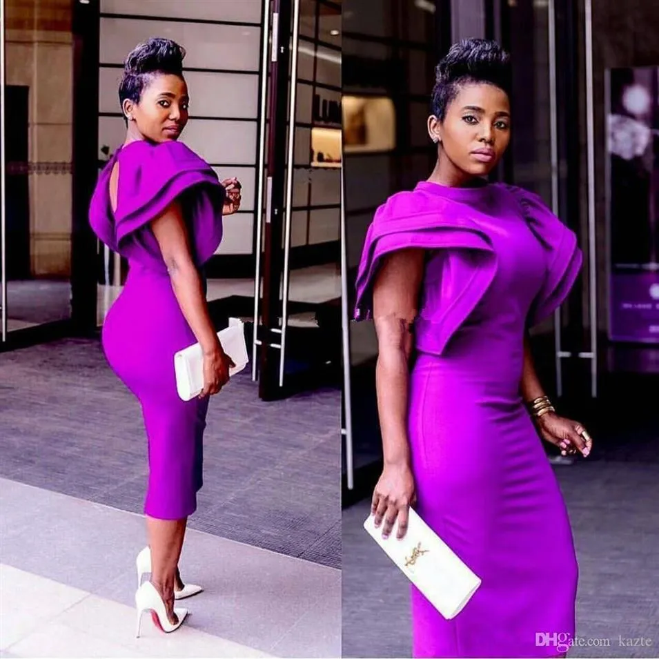 Aso Ebi Estilo africano Gola alta Roxo Vestidos de baile de formatura 2019 Sereia Vintage Comprimento do chá Vestidos de noite formais árabes vestidos2347