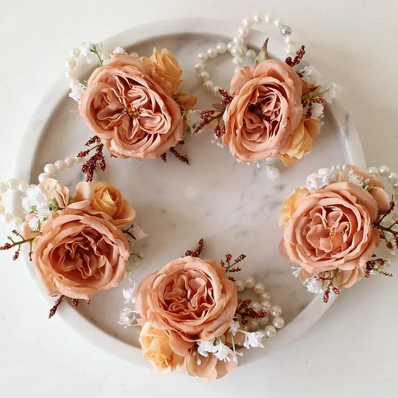 Decoratieve Bloemen Lichte Koffie Bruiloft Bruids Austin Rose Kunstmatige Parel Pols Bloem Bruidegom Broche Corsage Huwelijk Accessoires Po Prop