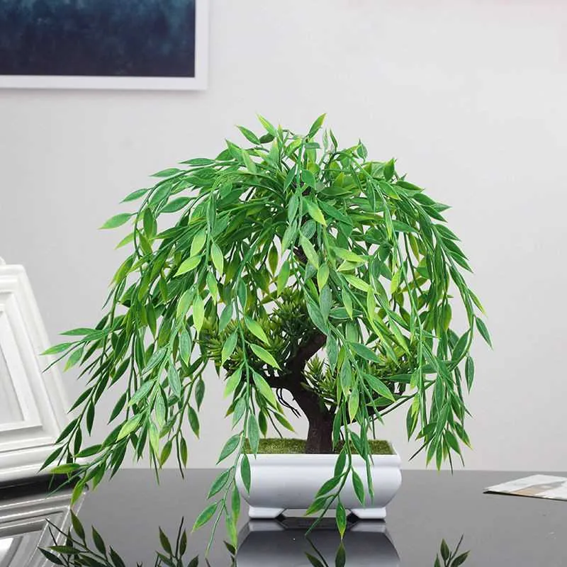 装飾的なオブジェクトの置物人工木鉢植えのヤナギ植物プラスチックの葉のミニデスクトップ盆栽偽の松のホームギフトガーデンフェスティバル装飾l230724