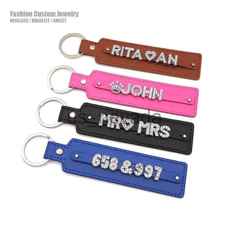 Keychains Lanyards Unique Pu Leather Custom Rhinestone Letters Name Number Key Chains Adjustable Personalized Products Car Keyring Key Holder Gifts J230724