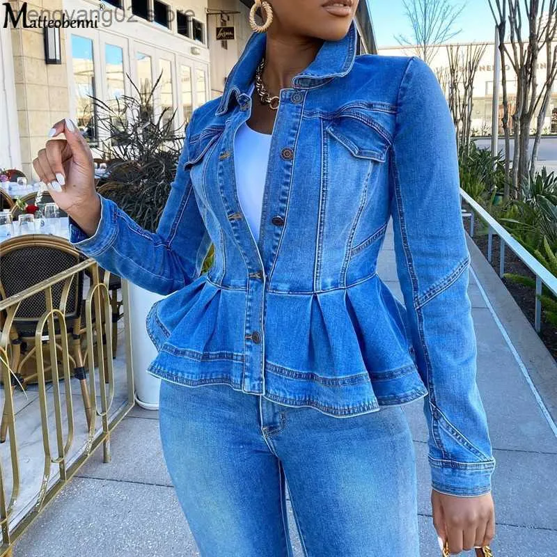 Kvinnorjackor Autumn Women Elegant Sexig Ruffle Denim Jacket 2020 Fashion Casual Jean Jacket Långärmning Vinterfast färgbeläggning Streetwear T230724