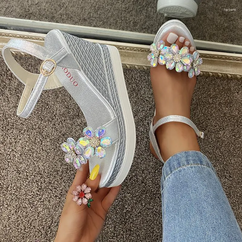 Sandals 2023 Female Fashion Flower Open Toe Dress Elegant Silver Women Rhinestone Wedges Platform Party Shoes Woman