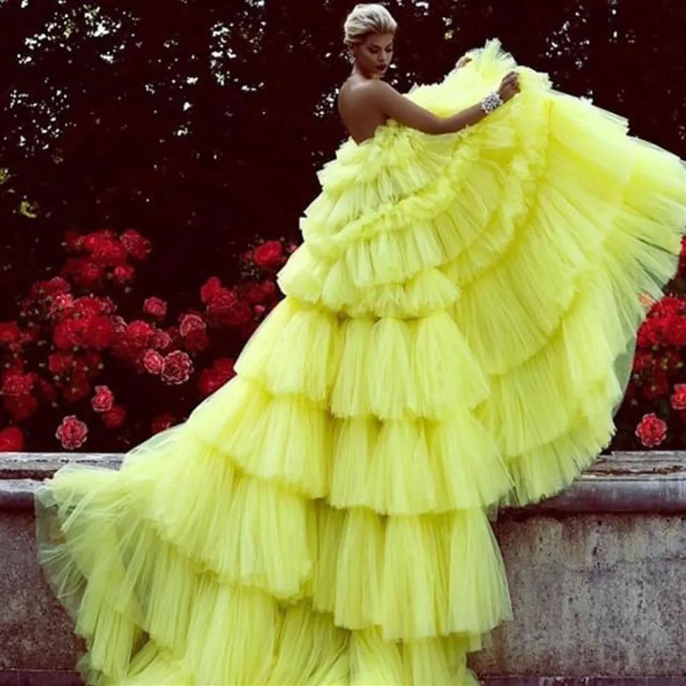 Incroyable robe de bal de soirée en tulle superposé jaune vif robe de soirée Chic à plusieurs niveaux robes de bal longues sur mesure264a